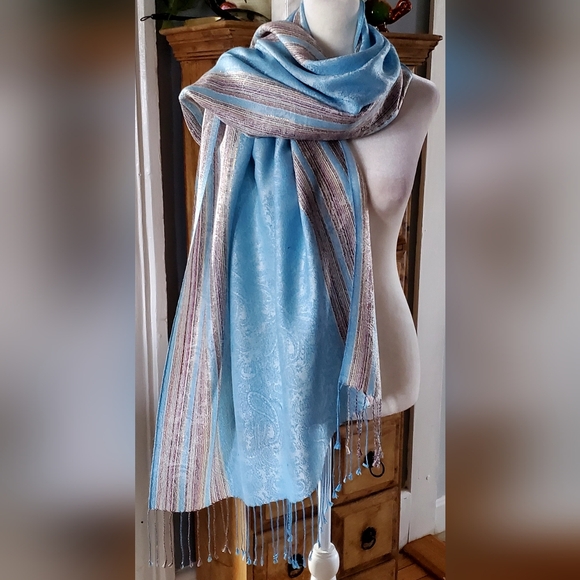 pashmina Accessories - Pashmina Blue Paisley Jacquard Scarf with Metallic Striped Panels